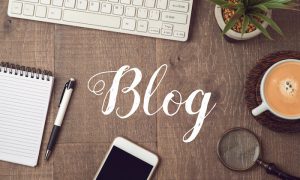 Blog and information website concept. Workplace background with text. View from above